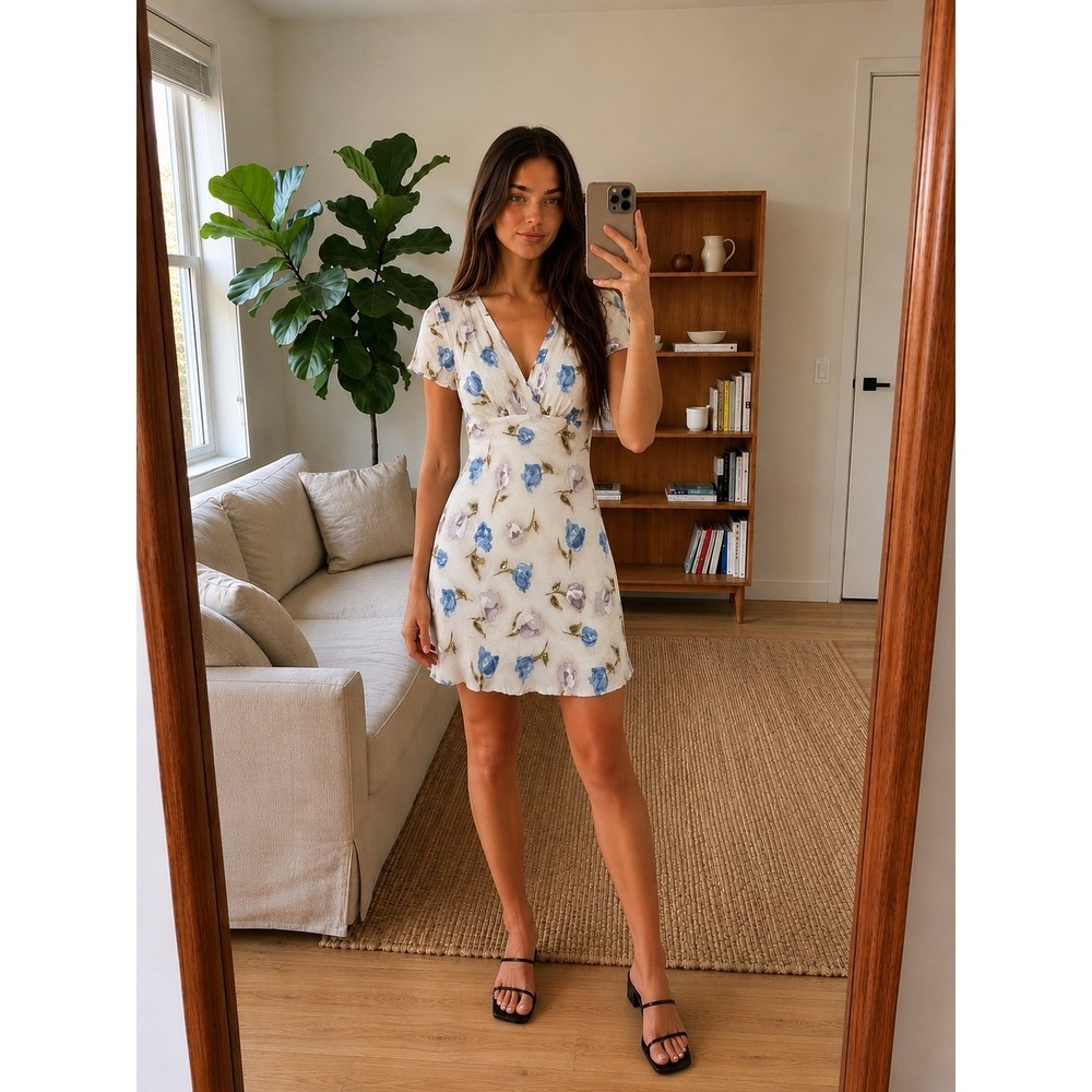 Vintage Floral Mini Dress Size 7 White Blue 90s Y2K Garden Cottage‎ Romantic